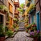 Whimsical alleyway adorned with hanging flowers, cobblestone streets, and locals enjoying tucked-away cafes in Quebec