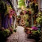 Whimsical alleyway adorned with hanging flowers, cobblestone streets, and locals enjoying tucked-away cafes in Quebec