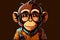 A whimsical and amusing portrait of a playful monkey in glasses, capturing its mischievous personality and humor