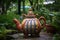 a whimsical, animal-shaped teapot in a garden setting