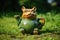 a whimsical, animal-shaped teapot on a green grass surface