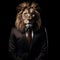 A whimsical and artistic lion in formal attire with a surreal twist