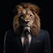 A whimsical and artistic lion in formal attire with a surreal twist