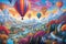 Whimsical Balloon Adventure: whimsical panorama featuring a hot air balloon adventure in a fantastical world