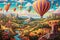 Whimsical Balloon Adventure: whimsical panorama featuring a hot air balloon adventure in a fantastical world