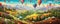 Whimsical Balloon Adventure: whimsical panorama featuring a hot air balloon adventure in a fantastical world panorama