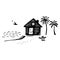 Whimsical beach hut block print illustration for tropical travel concept. Vector coastal house with palm tree stylized