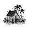 Whimsical beach hut block print illustration for tropical travel concept. Vector coastal house with palm tree stylized