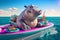 Whimsical Bliss: Photorealistic Anthropomorphic Chibi Hippo Enjoying Yacht Life with Fruity Cocktail
