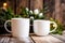 Whimsical boho-style mockup, white mugs, peony, green leaves, wooden background