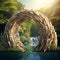 Whimsical bridge made of open books in a serene natural setting