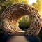 Whimsical bridge made of open books in a serene natural setting
