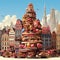 Whimsical Brussels Streetscape with Chocolate Buildings and Culinary Delights