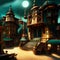 Whimsical buildings in a fantasy town at night