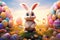 Whimsical Bunny Bliss: Adorable 3D Animated Easter Rabbit Amidst Vibrant Spring Eggs. Generative AI