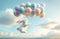 Whimsical Bunny Flying with Pastel Balloons, Dreamy Sky Adventure, Freedom Concept