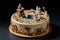a whimsical cake with a ring hidden inside and figurines dancing around it