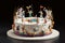 a whimsical cake with a ring hidden inside and figurines dancing around it