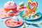 Whimsical candy desserts on bright plates, a playful explosion of colors and shapes.