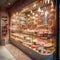 A whimsical candy store window display filled with a variety of colorful sweets and confections.