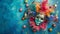 Whimsical carnival arrangement featuring colorful masks and festive decorations on a serene blue background generative ai