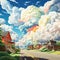 Whimsical cartoon clouds float above a vibrant village scene