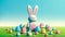 Whimsical cartoon of the Easter Bunny smiling and standing with many Easter Eggs