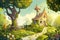 Whimsical cartoon illustration of a cozy stone cottage in an enchanted forest, perfect for a magical woodland tale