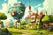 A whimsical cartoon scene of a futuristic town with a large, colorful robot hovering over houses amidst greenery under a