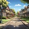 Whimsical cartoon street with neo-Victorian houses and tall trees