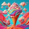 Whimsical cartoon style bright positive illustration of the ice cream in the waffle cone