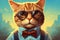 In a whimsical cartoon world, a cat dons sunglasses and a bow tie, strutting with confidence. A cool and comical feline with a