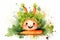 Whimsical character made of vegetables with a big smile, watercolor splashes. Concept of healthy food, kids book