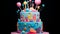 A whimsical children\\\'s birthday cake featuring colorful fondant shapes