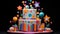 A whimsical children\\\'s birthday cake featuring colorful fondant shapes