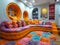 Whimsical childrens playroom with bright colors and imaginative decorsuper detailed