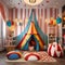 A whimsical childrens playroom with a circus tent-inspired play area and clown decor4