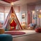 A whimsical childrens playroom with a circus tent-inspired play area and clown decor5