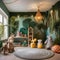 A whimsical childrens playroom with a jungle theme and plush animal toys1