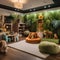 A whimsical childrens playroom with a jungle theme and plush animal toys4
