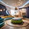 A whimsical childrens playroom with a space-themed play area and interactive planets2
