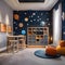 A whimsical childrens playroom with a space-themed play area and interactive planets4