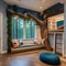 A whimsical childrens playroom with a treehouse-inspired reading nook and climbing wall5