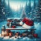 Whimsical Christmas Card Showcasing a Hat on a Snowy Bench in Enchanted Woodland. Generative ai for illustrations