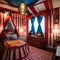 A whimsical circus-themed bedroom with striped walls, a circus tent bed canopy, and clown-inspired decor2