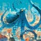 Whimsical Cityscape with a Giant Octopus