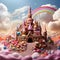 Whimsical Cocoa Castle surrounded by Candy-Coated Mountains and Chocolate Rivers