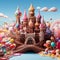 Whimsical Cocoa Castle surrounded by Candy-Coated Mountains and Chocolate Rivers