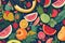 Whimsical and colorful seamless pattern featuring a variety of tropical fruits such as pineapple, watermelon, and papaya