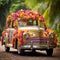 Whimsical and Colorful Wedding Vehicle Adorned with Decorative Elements
